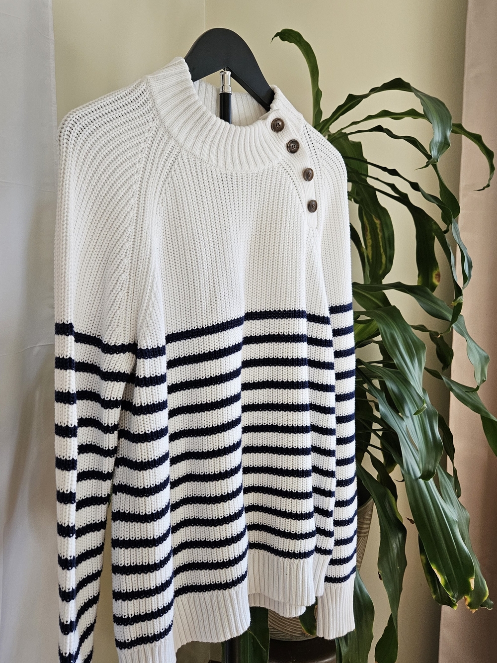 J. Crew White & Navy Striped Cowl-Neck Button-Shoulder Sweater - Picture 2 of 12